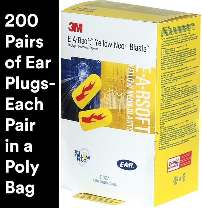 3M Ear Plugs, 200 Pairs/Box, E-A-Rsoft Yellow Neon Blasts 312-1252, Uncorded, Disposable, Foam, NRR 33, Drilling, Grinding, Machining, Sawing, Sanding, Welding, 1 Pair/Poly Bag