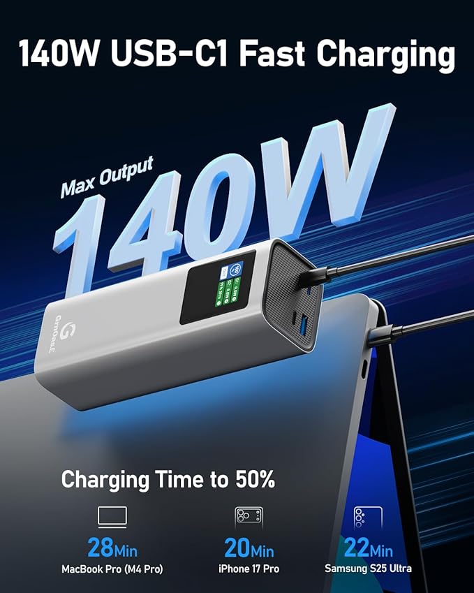 27000mAh Power Bank, 140W Laptop Portable Charger with PD 3.1 Fast Charging, Smart Sisplay, 99Wh Battery Bank for MacBook Pro/Air, iPad Pro, iPhone17/16 Series, Samsung and More(Silver Gray)
