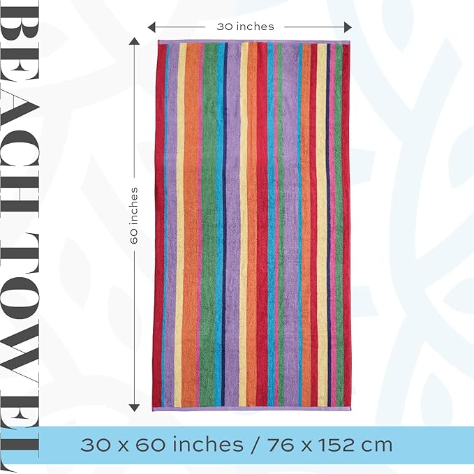 White Classic Cotton Beach Towels Oversized 30 x 60 Inches, Ultra Absorbent and Low Lint Striped Pool Towels for Adults, Unique Rainbow Design Luxury Extra Large Bath Towels, 4 Pack