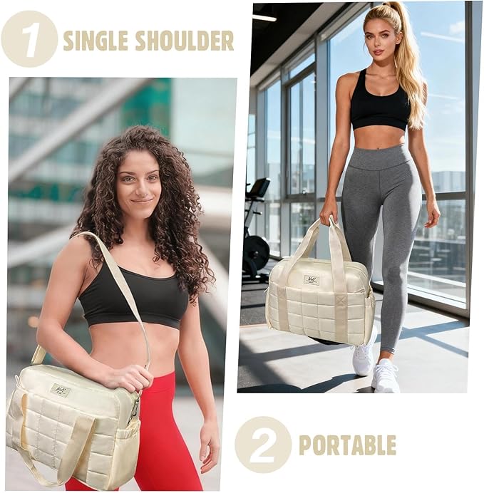 WOLT Small Gym Bag for Women, 14 inch Lightweight Gym Duffle Bag with Wet Compartment Quilted Tote for Sports Workout, Beige