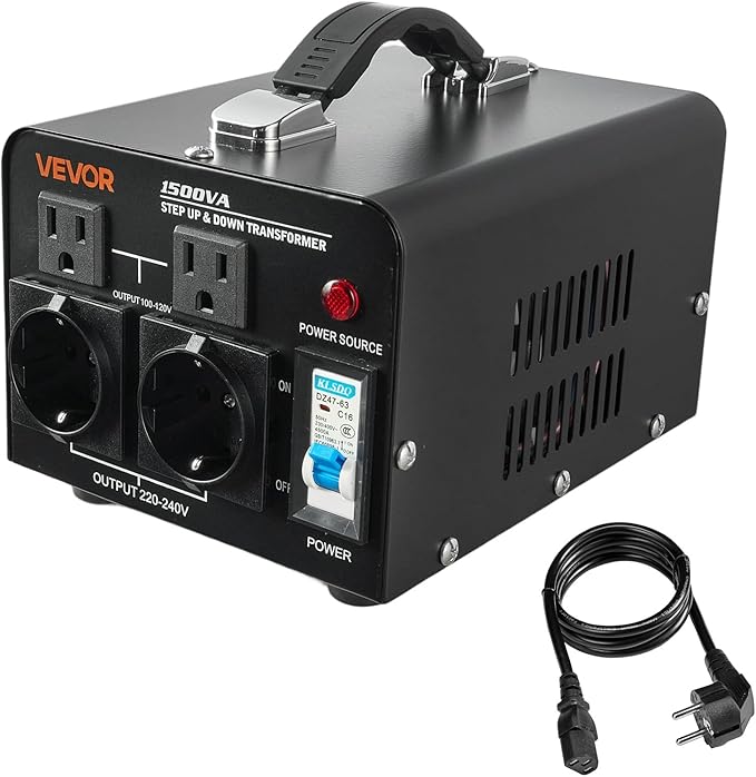 VEVOR Voltage Converter Transformer, 1500VA, Heavy Duty Step Up/Down Power Transformer, Convert from 110V to 220V and 220V to 110V, with EU Outlets, US Outlets, Power Cord, Circuit Breaker Protection