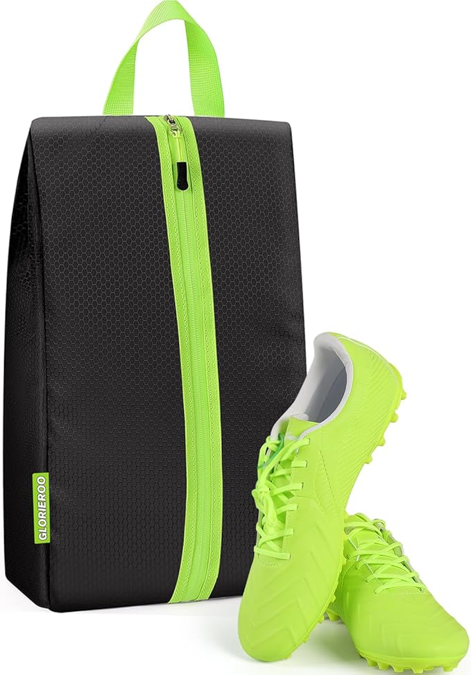 GLORIEROO Smell Proof Shoe Bags for Travel-Soccer Cleat Bag Smell Proof with Active Carbon Fabric | Odor-Absorbing Water-Resistant Track Shoe bags for Sports (Black with Green, UP TO US14)