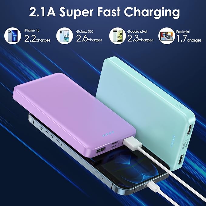 [2 Pack]Portable Charger Power Bank 10000mAh,Slimmer USB C Fast Charging Portable Phone Charger,Travel Essentials Backup External Battery Pack for iPhone 17/16/ 15/14/13/12,Galaxy,Android-Green+Purple