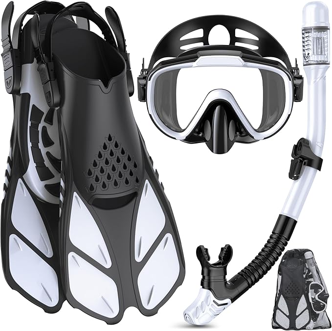 Ubekezele Snorkeling Gear for Adults Men Women,4 in 1 Snorkel Set with Panoramic View Diving Mask Anti-Fog Anti-Leak,Dry Top Snorkel,Fins and Travel Bag for Swimming,Snorkeling and Travel Diving