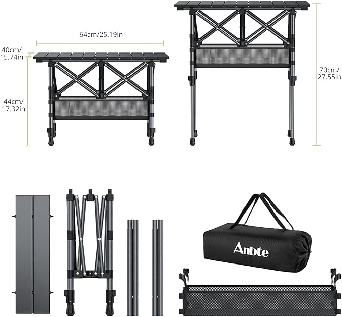 Anbte 2ft Small Roll Up Camping Table, 2 Adjustable Height Aluminum Portable Camping Table with Storage Net & Bag, Lightweight Waterproof Folding Table for Indoor Outdoor BBQ Picnic, 25” X 16”, Black