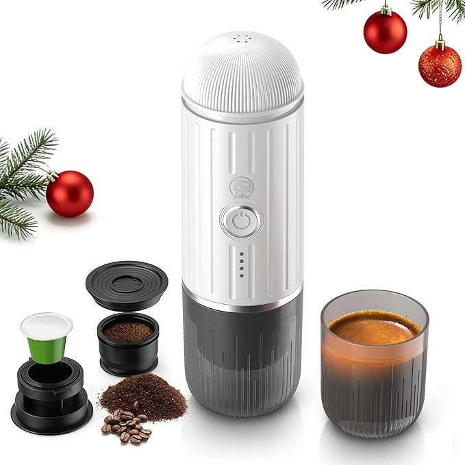 i Cafilas Portable Electric Espresso Coffee Maker, Fast self-heating 2 IN 1 Extraction System Espresso Machine, Support Ground Coffee and NS capsule, for Travel,Car,Hiking,Climbing,Rich Crema（White）