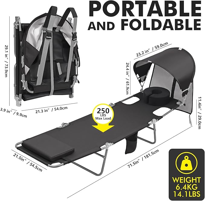 Backpack Beach Tanning Lounge Chair with Canopy Shade Face Hole Padded Adjustable Washable, 6 Position Layout Chair for Outside Sunbathing Poolside Lawn, UPF 50+ Wind-Resistant Sun Shade, Patented