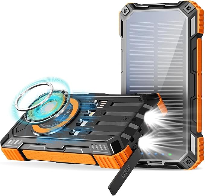 Solar Charger Power Bank– Clearance! 20000mah 15W Wireless Charger with PD22.5W Fast Charging Port, Portable Solar Panel Charger, Phone Charger Built-in 4 Cables– Only $19.99