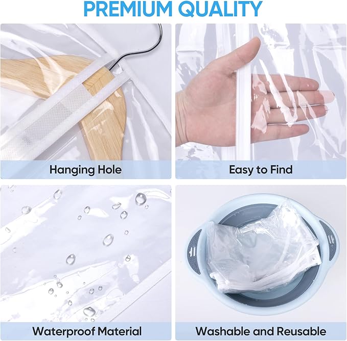 BALEINE 48'' Clear Garment Bags, 12 Packs PEVA Dress Bag for Closet Clothes Dresses Suit Coats Storage (Clear, 12PK)