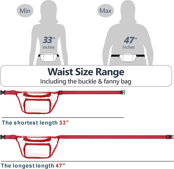 Veckle Clear Fanny Pack Stadium Approved - Adjustable 33-47 Inch Strap, Transparent Belt Bag for Women Men Fits 7.5-inch Smartphone, Waist Bag Clear Bag for Stadium Events, Sport, Concerts, Red