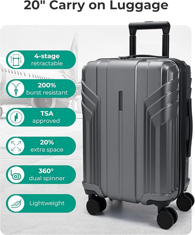 BAGSMART Expandable Carry On Luggage 22x14x9 Airline Approved, 1OO% PC Lightweight Hard Shell Suitcase, 20 Inch Travel Luggage with Spinner Wheels, Waterproof Rolling Suitcase, Gray…