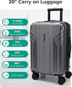 BAGSMART Expandable Carry On Luggage 22x14x9 Airline Approved, 1OO% PC Lightweight Hard Shell Suitcase, 20 Inch Travel Luggage with Spinner Wheels, Waterproof Rolling Suitcase, Gray…