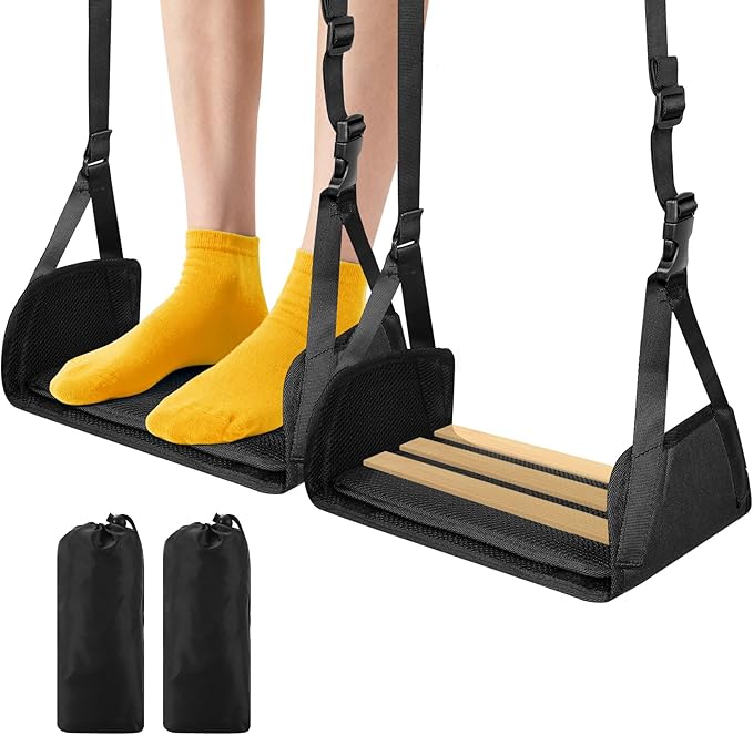 Airplane Foot Hammock for Plane Travel, Detachable Bamboo Airplane Foot Rest for Long Flight, Desk Foot Hammock Travel Essentials with Extended Adjustable Strap to Relax Your Feet - 2 Pack