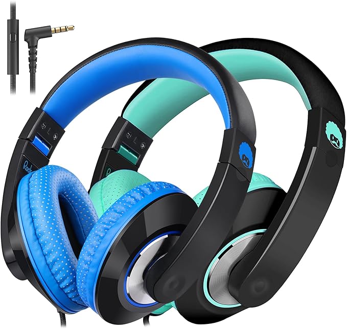rockpapa Comfort+ Kids Headphones with Microphone, Boys Girls Student Over-Ear Headphones Wired Foldable for School Classroom Laptop PC Computer Tablet Black/Blue+Black/Teal