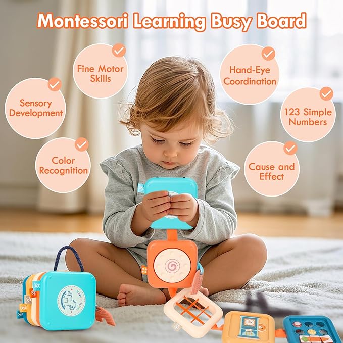 GRESEESM Montessori Busy Board for 1 Year Old, Toddlers Travel Toys for Ages 1–3, Sensory Activity Board for Airplane and Car, Baby Gifts for Boys Girls, Easter Basket & Stocking Stuffers