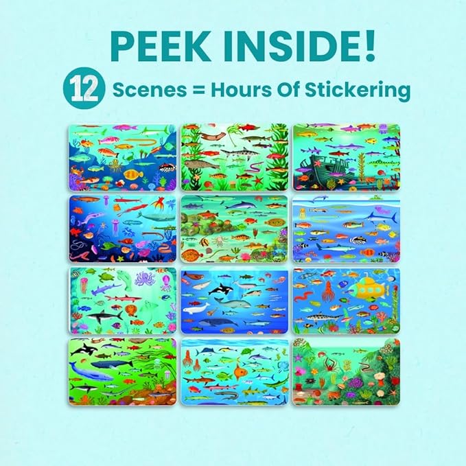 Ocean 500+ Kids Sticker Book by Cupkin Toddler Airplane Travel Activity Coloring and Sticker Book, Road Trip Essentials, 12 Coloring Pages 12 Scenes for Ages 2–8 Years