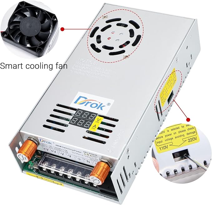 DROK 12V Power Supply, AC 110V 220V to DC 0-12V 0-40A 480W Buck Converter, Volt Amp Adjustable Adapter Regulated 5V 9V 12Volt Switching Voltage LED Transformer Charger for Computer CCTV Lab