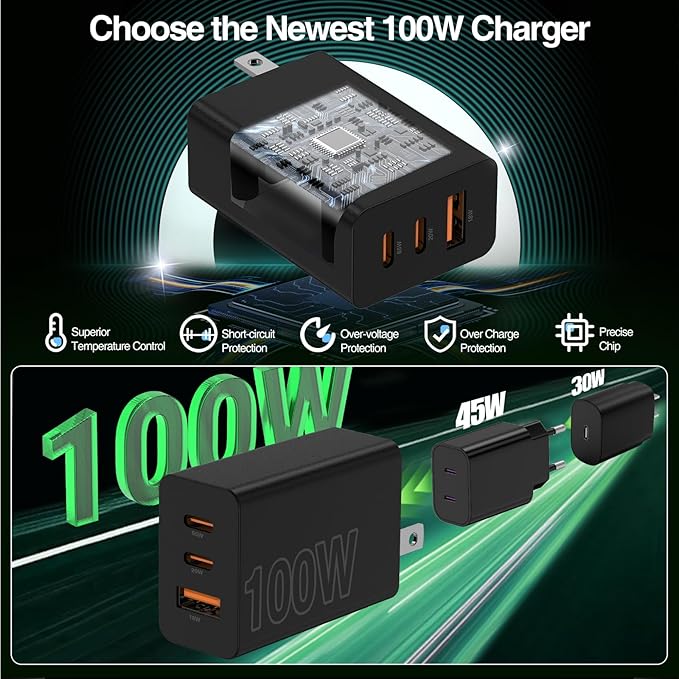 65W Super Fast Charger Type C for Samsung,3 Port 100W PD Quick Charging 3.0 USB C Block & 3/6/10/10FT Braided Type C Cord for Samsung Galaxy S26 Ultra/S26/S25 Ultra/iPhone 17 Pro/MacBook Pro/Air