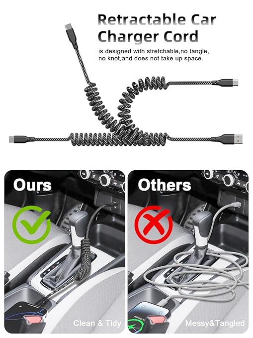 Quickeep Car Carplay Cable 2Pack Coiled USB A to USB C Fast Charge Cord for iPhone 17/16/15/Plus/Pro Max/MacBook Pro, Auto Retractable iPhone Car Cord Grey