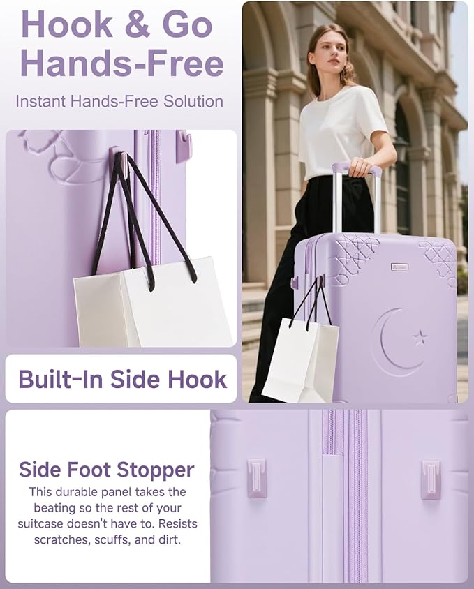 Somago Expandable Carry On luggage with Shock-Absorbing Braking Spinner Wheels Moon Star Design Hard Shell Suitcase with Cupholder TSA Lock (Light Purple,Expandable 20 Inch)