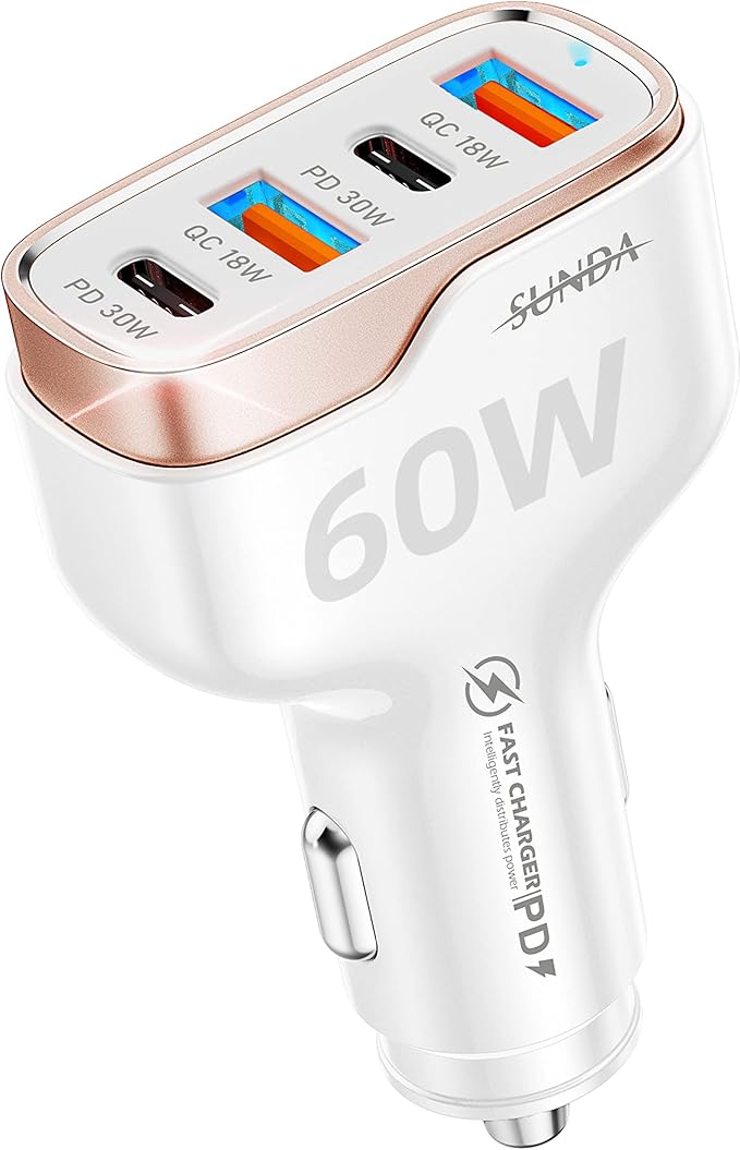 SUNDA 60W USB C Fast Car Charger, 4-Ports Car Charger Adapter, Dual Type C PD30W/PPS30W Compatible with iPhone17/16/15 Pro/Max/iPhone14/iPad Pro/Galaxy/SamsungS25, Dual USB-A 18W QC3.0 for Android
