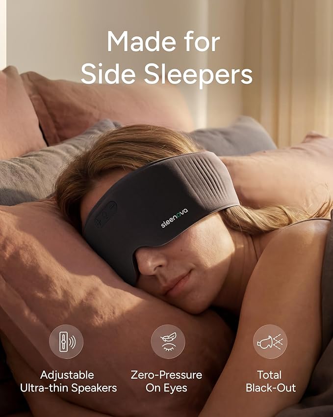 Sleenova Sleep Eye Mask with Bluetooth Headphones - Side Sleeper Optimized with Integrated Offline Audio for Phone-Free Use - 3 Modes for Rest, Nap and Travel