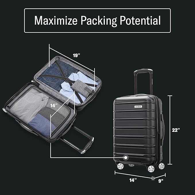 Samsonite Omni 2 Global Carry-On Spinner Luggage - Compact Size For International Travel - Airline-Approved - Features Expandable Polycarbonate Shell, 360° Wheels, USB Power Hub - Charcoal - Black