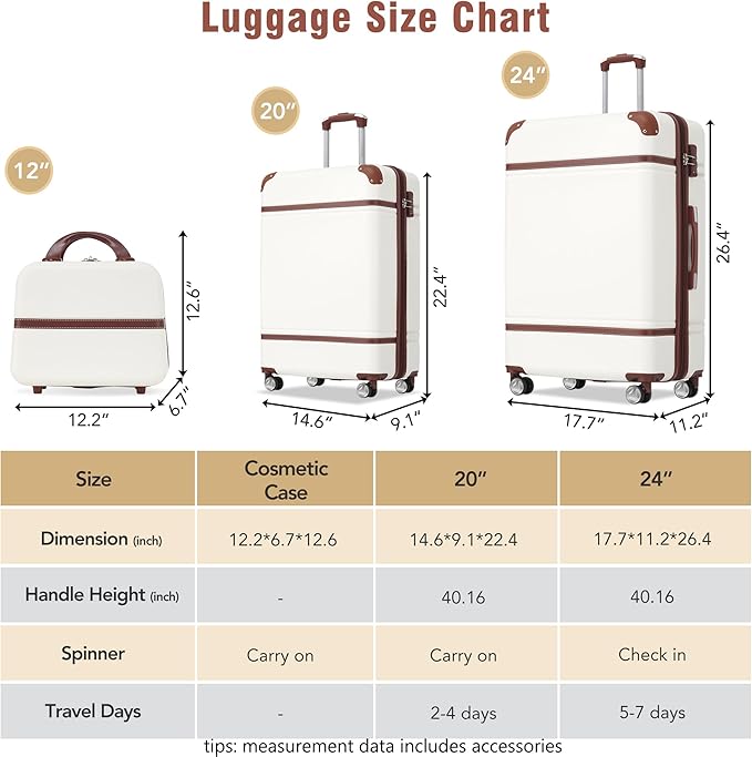 Luggage Sets, 2 Piece Carry on Luggage Set with Travel Bag, 2 Piece Expandable Spinner Hardshell Suitcase with TSA Lock, Back to School Suitcase, Women Men (White, 20/24 inch+Cosmetic Case)