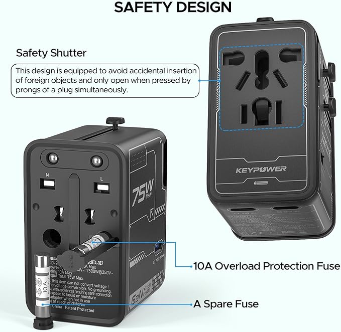 Universal Travel Adapter, 75W GaN International Power Adapter with 3 USB C and 1 USB A, All in One Travel Plug Adapter, Worldwide Outlet Wall Charger Converter for EU US UK AU 200+ Countries.