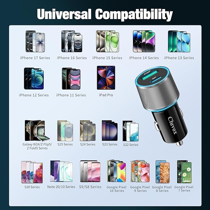 38W USB C Car Charger Adapter, 20W Fast USBC & 18W Rapid QC3.0 Ports, 12V Cigarette Lighter Adapter, Type C Auto Plug Outlet Accessories for iPhone 17 16 15 14, Google Samsung S26, Android Cell Phone