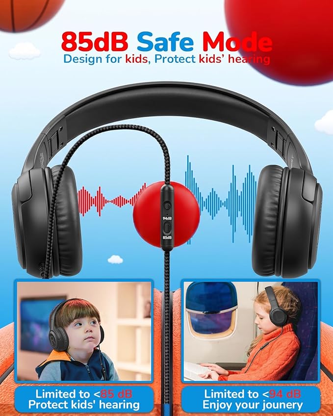 awatrue Kids Headphones for School Travel, 85/94dB Safe Volume Limit, 3.5mm Jack, HD Mic, Portable Wired Headphone with Shareport, Stereo Sound On-Ear Headphones for Toddler Kids Girls Boys Black