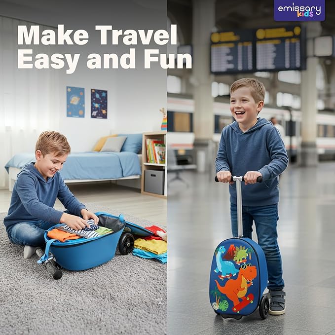 emissary Kids Luggage with Wheels, Hardside Toddler Carry On Suitcase Set, Lightweight Rolling Travel Bag for Boys and Girls, Airline Approved Travel Gifts - Blue Scooter
