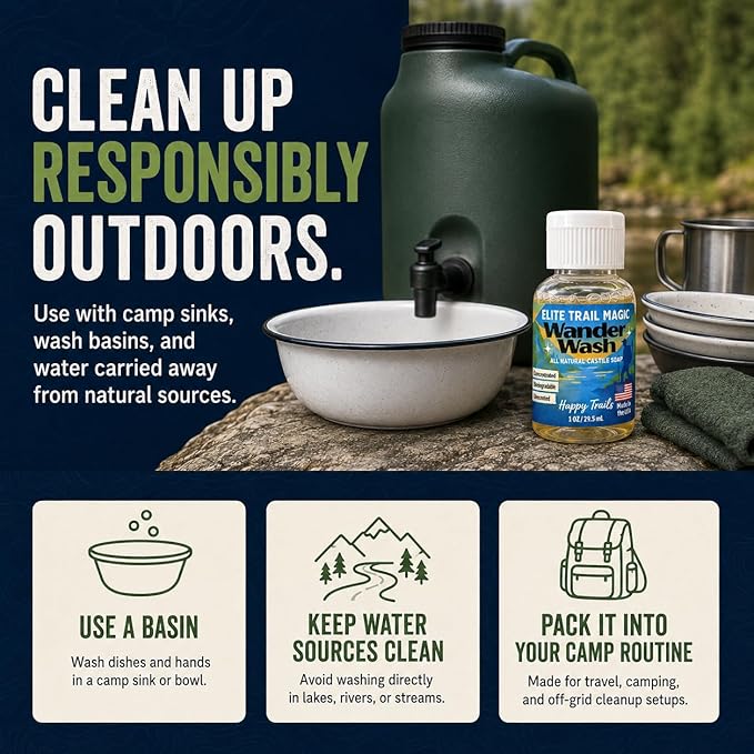 Elite Trail Magic- Wander Wash Biodegradable Castile Camp Soap – Ultralight 1 oz Concentrated Liquid Soap for Camping- Dish Wash Station-Travel & Backpacking – All Purpose, Unscented