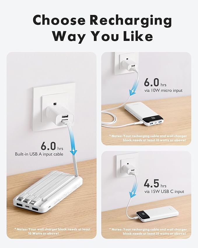Charmast Portable Charger with Built in Cables, Power Bank with Cords Wires, Slim 10000mAh Travel Battery Pack 6 Outputs 3 Inputs 3A Fast Charging for Samsung Google Pixel LG Moto iPhone iPad