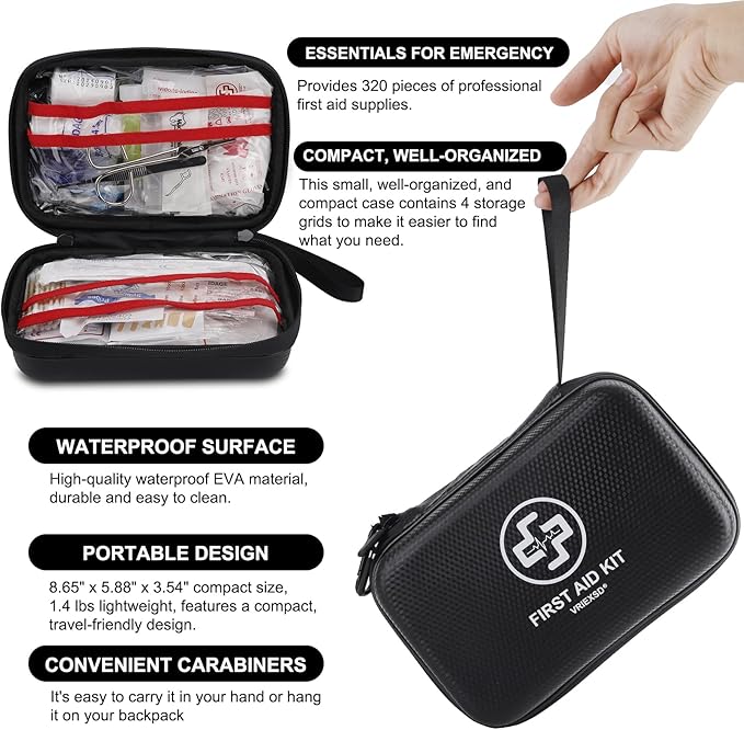 VRIEXSD Premium First Aid Kit, 320 Piece Waterproof Hard Shell Eva First Aid Kit for Home, Camping, Cars, Hiking, Travel, Businesses & Outdoor Emergencies - Emergency Medical Kits (Black)