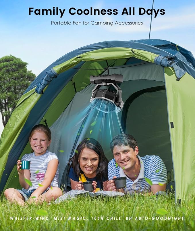 Camping Misting Fan - Portable Rechargeable Fan with 8.9oz Tank, Light, Hook - Battery Power 120H MAX Working, Fast Cooling, 4 Speed, Timer, Sleep Mode, for Outdoor, Travel, Patios, Beach