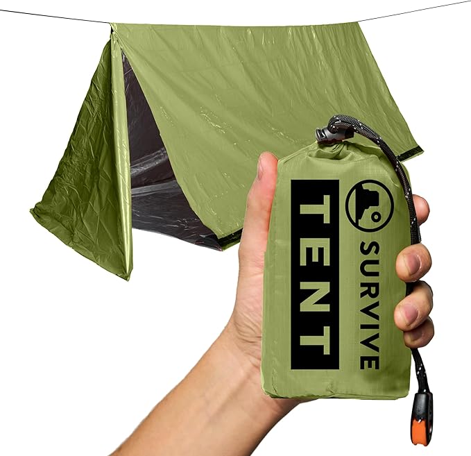 SURVIVE Survival Tent with Doors, 2 Person Mylar Emergency Camping Hiking Shelter for Survival Kits, All Weather Thermal Protection, Includes 22 ft of Paracord and Whistle
