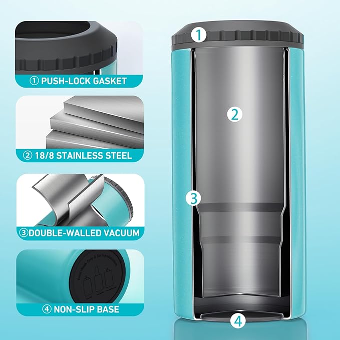 3 in 1 Slim Can Cooler for 12 OZ Skinny Can, Standard Can & Beer Bottle - Keep Cold for 6 Hours - Double Walled Insulated Stainless Steel Vacuum Beverage Can Insulator (Aqua)