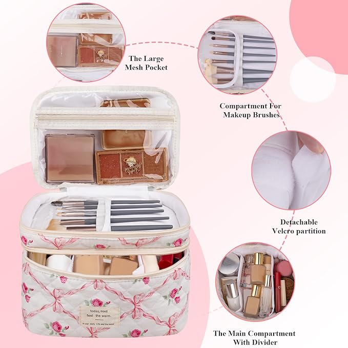 Gosect Makeup bag, Large Cosmetic Bag for Women Girls, Cute Quilted Makeup Bags, Floral Coquette Aesthetic Toiletry Bag, Travel Make Up Organizer Bag (Pink)