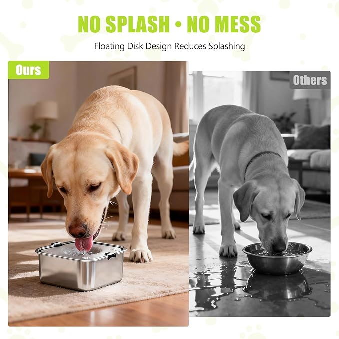 No Spill Dog Water Bowl 3L/101oz Stainless Steel Spill-Proof Dog Bowls, Anti-Splash Slow Drinking Water Bowls with Floating Disk for Messy Drinkers, Home & Travel Use (Light Gray)