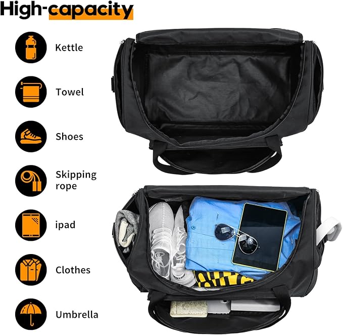 Uarition Gym Bag for Men - 55L Black Durable Large Duffle Bag for Travel, Workout, Fitness & Sport
