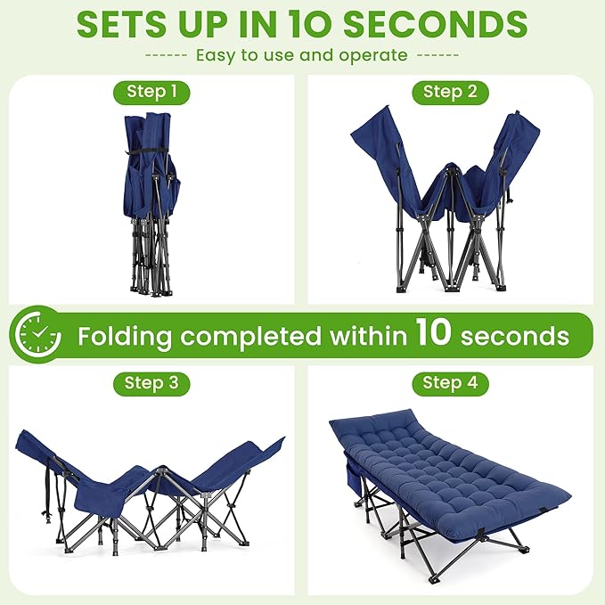 Camping Cot, Folding Camp Cot for Adults, Portable Outdoor Cot with Carry Bag & Mattress, Fast Setup, Lightweight Compact Bed for Travel, Home Office Nap (Blue)