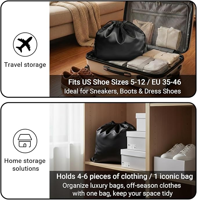 Satin Dust Bags for Purses and Handbags - Purse Storage Organizer with Drawstring, Dustproof Travel Storage Pouches for Handbags, Shoes, Boots & Clothes (2 Pack 15.7"x19.7", 2 Pack 19.7"x23.6", Black)