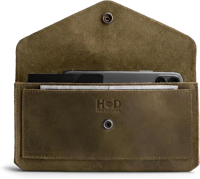 Hide & Drink, Full Grain Leather Large Female Wallet, Travel Organizer for Women, Vintage Money and Card Holder, Handmade, Dark Jade
