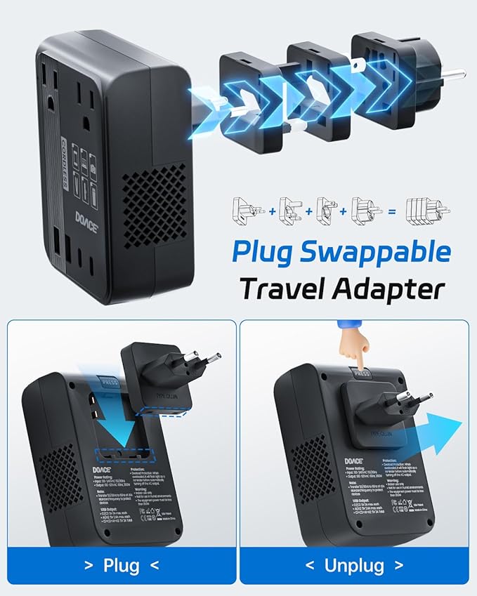 DOACE 220V to 110V Converter 350W Voltage Converter US to Europe for Hair Straightener/Curling Iron Converter for European Travel with 4-Port USB Charging and UK/AU/US/EU Worldwide Plug Adapter