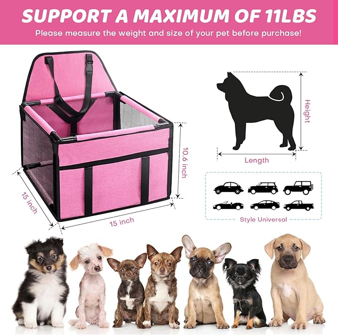GENORTH Small Dog Car Seats for Small Dogs,Portable Puppy/Pet Car Booster Seat with Clip-On Leash and Mesh Window for Small Pet Up to 11 lbs