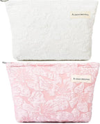 SOIDRAM 2 Pieces Flower Makeup Bag Large Floral Cosmetic Bag Capacity Canvas Travel Toiletry Bag Organizer Cute Makeup Brushes Aesthetic Accessories Storage Bag for Women, Flower L White Pink