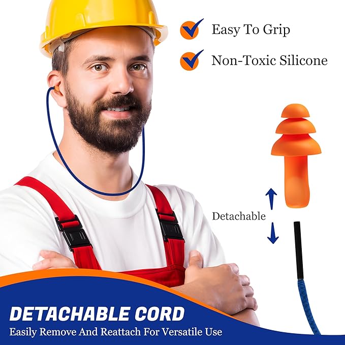 Quality Reusable Earplugs 100 Pair - 25dB Corded Silicone Ear Plugs for Shooting Construction Work Ear Plugs Motorcycle Range Hunting Hearing Protection Ear Protection for Mowing Earplugs Reusable