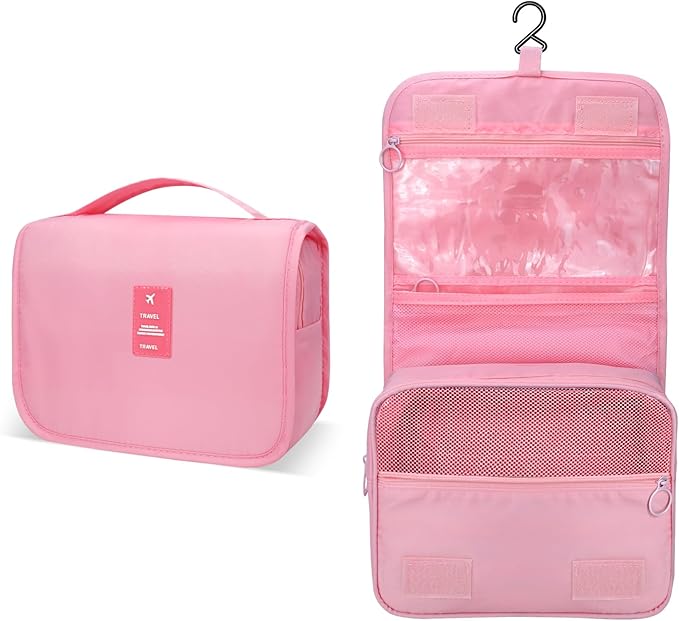 Lcsmaokin Large Capacity Toiletry Bag Travel Bag with Hanging Hook for Men and Women Waterproof Travel Cosmetic Bag Bathroom Storage Bag for Brushes Set, Full-Sized Shampoo,Accessories(Pink)