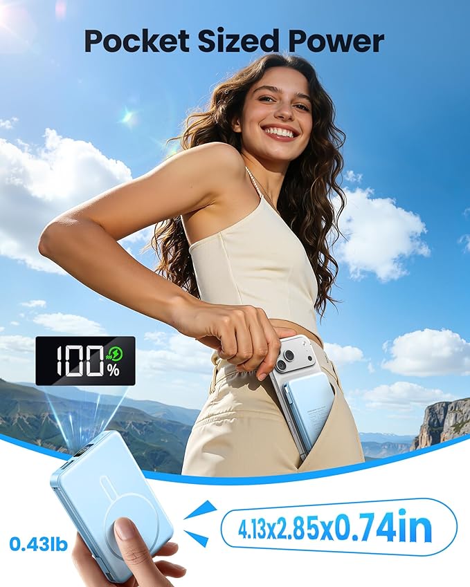 Magnetic Portable Charger, 22.5W Power Bank Fast Charging 10000mAh, Portable Charger with Built in Cable, for Magsafe Battery Pack Compatible with iPhone 17/16/15/14/13/12 Pro/Pro Max Sky Blue
